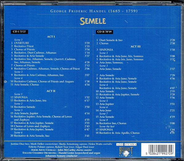 Georg Friedrich Händel / Sheila Armstrong, Helen Watts, Robert Tear, Justino Diaz, Felicity Palmer, Mark Deller, English Chamber Orchestra, Johannes Somary - Semele (2xCD, Album) (Near Mint (NM or M-)) - Image 2