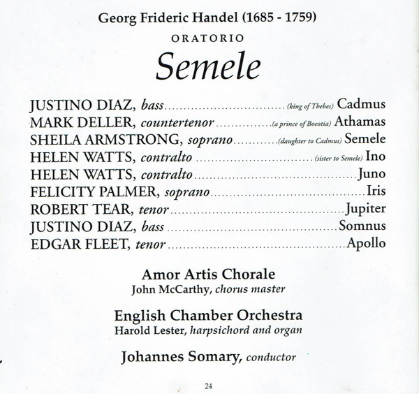Georg Friedrich Händel / Sheila Armstrong, Helen Watts, Robert Tear, Justino Diaz, Felicity Palmer, Mark Deller, English Chamber Orchestra, Johannes Somary - Semele (2xCD, Album) (Near Mint (NM or M-)) - Image 4