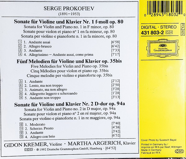 Sergei Prokofiev, Gidon Kremer, Martha Argerich - Violinsonaten · 5 Melodien (CD, Album) (Near Mint (NM or M-)) - Image 2