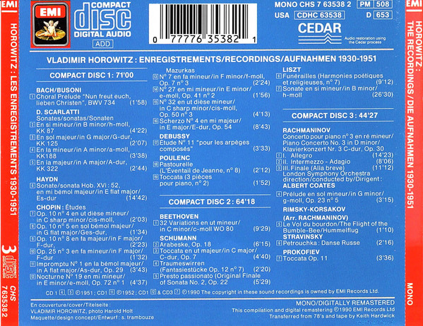 Vladimir Horowitz, Johann Sebastian Bach, Ferruccio Busoni, Ludwig van Beethoven, Frédéric Chopin, Claude Debussy, Joseph Haydn, Franz Liszt, Francis Poulenc, Sergei Prokofiev, Sergei Vasilyevich Rachmaninoff, Nikolai Rimsky-Korsakov, Domenico Scarlatti, - Recordings 1930 - 1951 (3xCD, Comp, RM) (Near Mint (NM or M-)) - Image 3