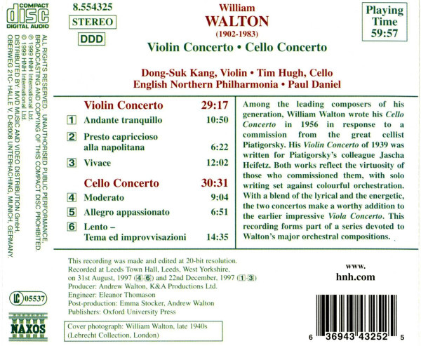 Sir William Walton : Dong-Suk Kang, Tim Hugh, English Northern Philharmonia, Paul Daniel - Violin Concerto • Cello Concerto (CD, Album) (Near Mint (NM or M-)) - Image 2