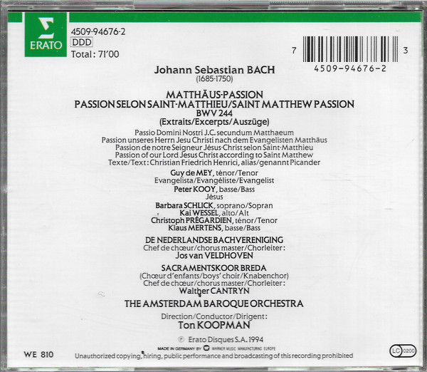 Johann Sebastian Bach, Ton Koopman - Bach / Matthäus-Passion (Excerpts) (CD, Comp) (Near Mint (NM or M-)) - Image 2
