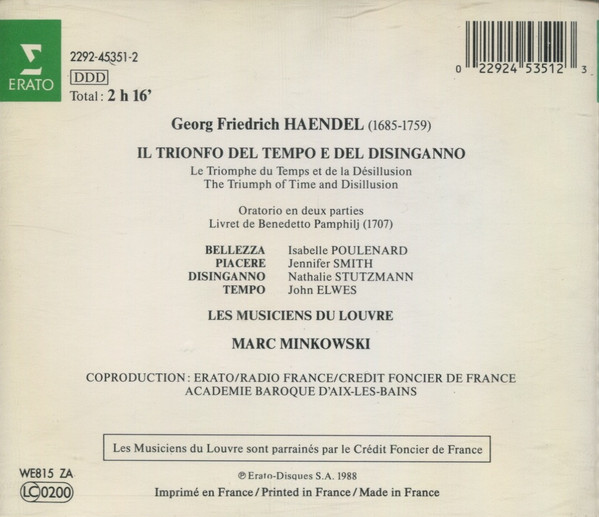 Georg Friedrich Händel, Isabelle Poulenard, Jennifer Smith (3), Nathalie Stutzmann, John Elwes, Les Musiciens Du Louvre, Marc Minkowski - Il Trionfo Del Tempo E Del Disinganno (2xCD, Album, RE) (Near Mint (NM or M-)) - Image 2
