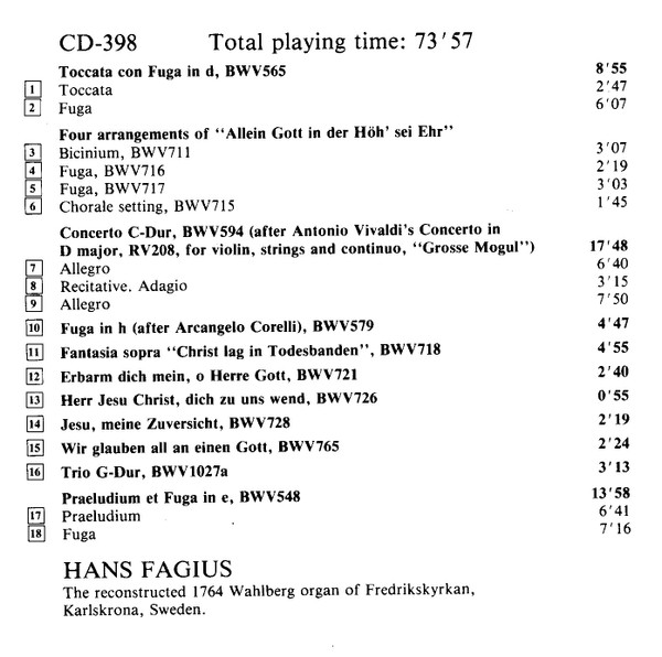 Johann Sebastian Bach / Hans Fagius - Preludes And Fugues / Toccata In D / Fantasy And Fugue / Trio Sonata In E / Partita "Sei Gegrüsset" (2xCD) (Near Mint (NM or M-)) - Image 3
