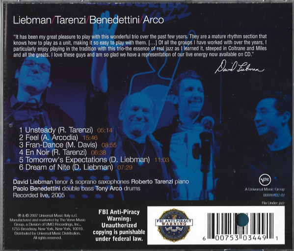 David Liebman, Roberto Tarenzi, Paolo Benedettini, Tony Arco - Dream of Nite (CD, Album) (Near Mint (NM or M-)) - Image 3