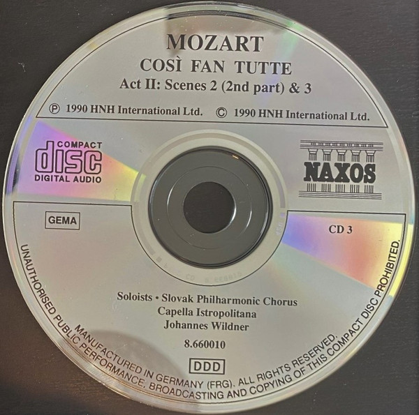 Wolfgang Amadeus Mozart, Slovak Philharmonic Chorus, Capella Istropolitana, Joanna Borowska, Rohangiz Yachmi, John Dickie, Andrea Martin (2), Priti Coles, Peter Mikuláš - Cosi Fan Tutte (3xCD, Album) (Near Mint (NM or M-)) - Image 4