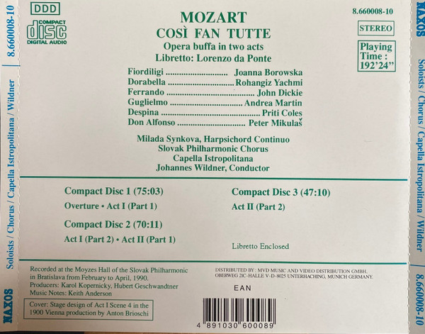 Wolfgang Amadeus Mozart, Slovak Philharmonic Chorus, Capella Istropolitana, Joanna Borowska, Rohangiz Yachmi, John Dickie, Andrea Martin (2), Priti Coles, Peter Mikuláš - Cosi Fan Tutte (3xCD, Album) (Near Mint (NM or M-)) - Image 5