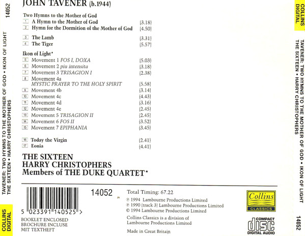 John Tavener, The Sixteen, The Duke Quartet, Harry Christophers - Ikon Of Light • Two Hymns To The Mother Of God • Today The Virgin • The Tiger • The Lamb • Eonia (CD, Album) (Near Mint (NM or M-)) - Image 2