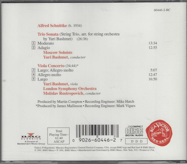 Yuri Bashmet, Alfred Schnittke, Moscow Soloists, London Symphony Orchestra / Mstislav Rostropovich - Viola Concerto - Trio Sonata (CD, Album) (Near Mint (NM or M-)) - Image 2