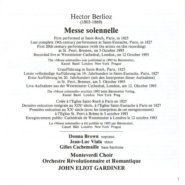 Hector Berlioz - Donna Brown, Jean-Luc Viala, Gilles Cachemaille, The Monteverdi Choir, Orchestre Révolutionnaire Et Romantique, John Eliot Gardiner - Messe Solennelle (CD) (Near Mint (NM or M-)) - Image 2