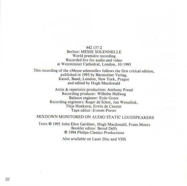 Hector Berlioz - Donna Brown, Jean-Luc Viala, Gilles Cachemaille, The Monteverdi Choir, Orchestre Révolutionnaire Et Romantique, John Eliot Gardiner - Messe Solennelle (CD) (Near Mint (NM or M-)) - Image 5