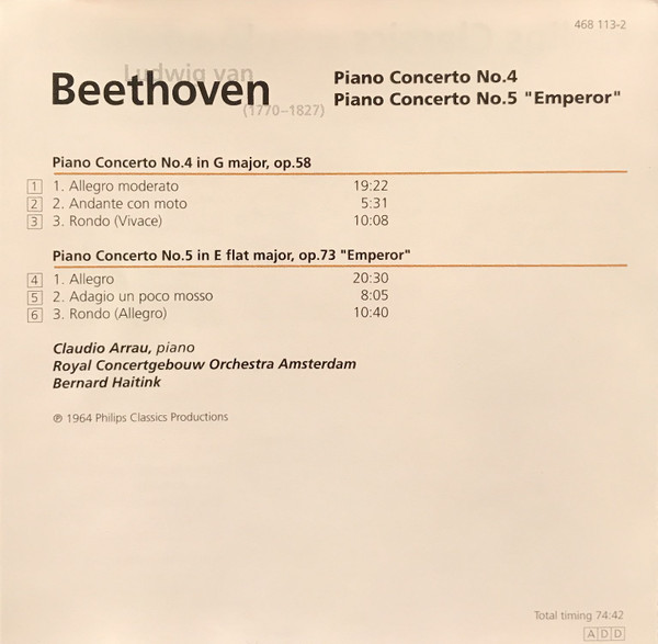 Ludwig van Beethoven - Claudio Arrau, Bernard Haitink, Concertgebouworkest - Piano Concertos Nos. 4 & 5 "Emperor" (CD, Comp, RM, AMS) (Near Mint (NM or M-)) - Image 2