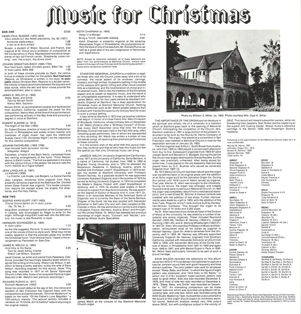 James B. Welch (2) - Music For Christmas - In Concert At Stanford Memorial Church (LP, Album) (Mint (M)) - Image 2