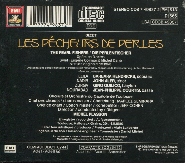 Georges Bizet, Barbara Hendricks, John Aler, Gino Quilico, Chœur Du Capitole De Toulouse Et Orchestre National Du Capitole De Toulouse, Michel Plasson - Les Pêcheurs De Perles (2xCD, Album) (Near Mint (NM or M-)) - Image 2