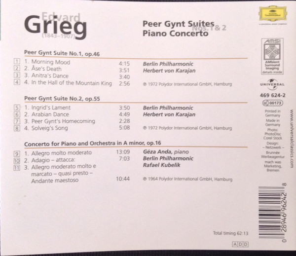 Edvard Grieg - Peer Gynt Suites Nos. 1 & 2 / Piano Concerto (CD, Comp, M/Print, RE) (Near Mint (NM or M-)) - Image 2