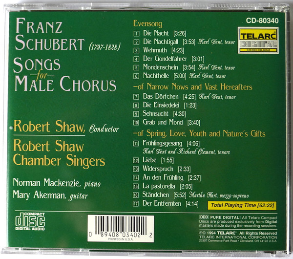 Robert Shaw Chamber Singers - Schubert - Songs For Male Chorus (CD, Album) (Mint (M)) - Image 4