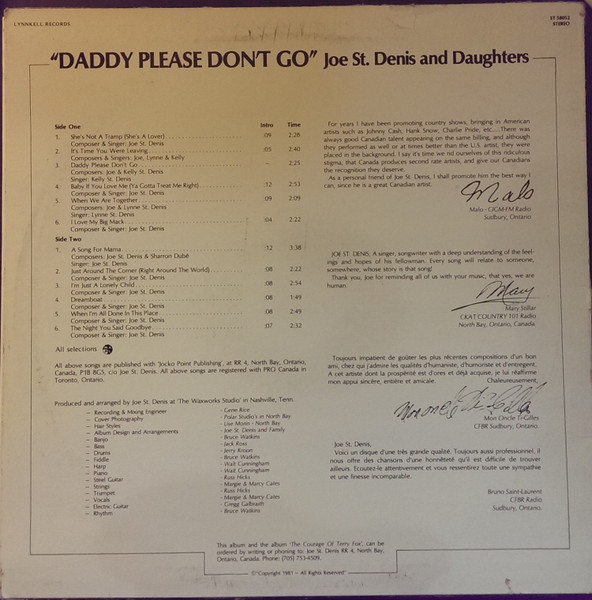 Joe St. Denis - Daddy Please Don't Go (LP) (Mint (M)) - Image 2