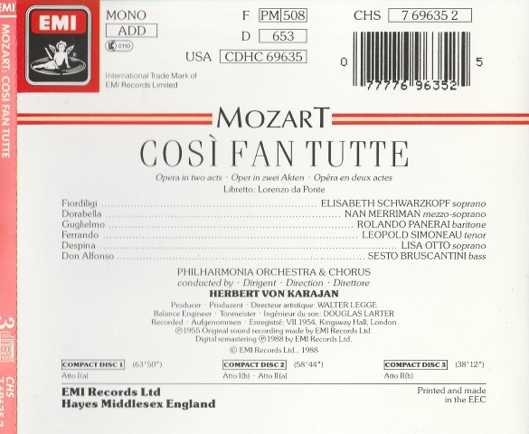 Wolfgang Amadeus Mozart / Elisabeth Schwarzkopf, Nan Merriman, Leopold Simoneau, Rolando Panerai, Sesto Bruscantini, Lisa Otto, Philharmonia Chorus And Philharmonia Orchestra, Herbert von Karajan - Cosi Fan Tutte (3xCD, Mono, RE) (Near Mint (NM or M-)) - Image 2
