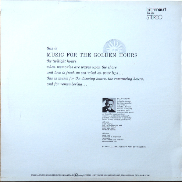 Billy Vaughn And His Orchestra - Music For The Golden Hours (LP, Album, RE) (Mint (M)) - Image 2