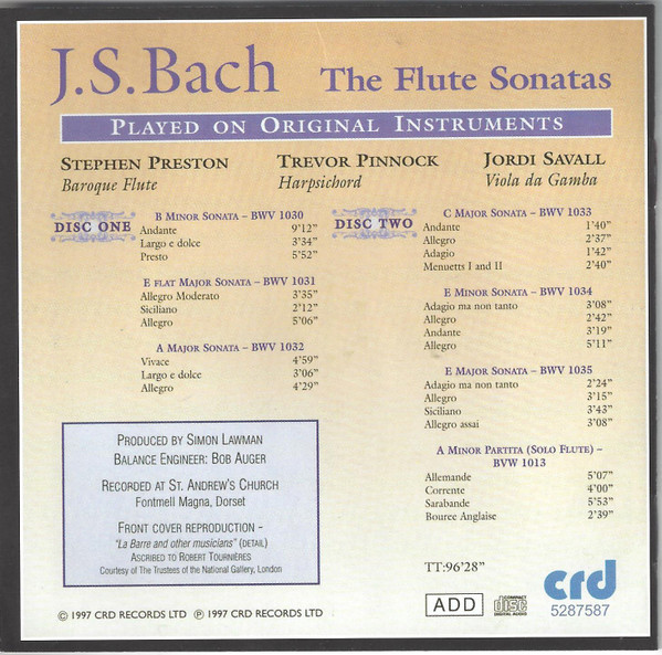 Johann Sebastian Bach – Stephen Preston, Trevor Pinnock, Jordi Savall - The Flute Sonatas (2xCD) (Mint (M)) - Image 2