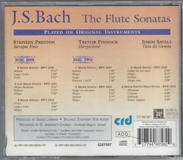 Johann Sebastian Bach – Stephen Preston, Trevor Pinnock, Jordi Savall - The Flute Sonatas (2xCD) (Mint (M)) - Image 4