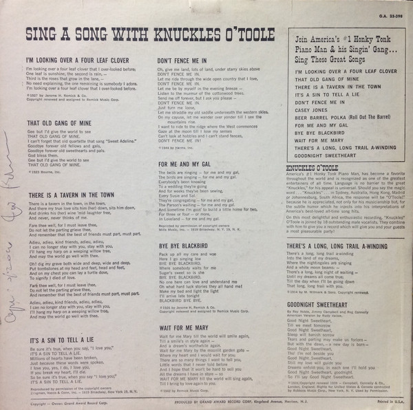 Knuckles O'Toole - Sing A Song With Knuckles O'Toole And His Singin' Gang (LP, Album, Mono) (Mint (M)) - Image 2