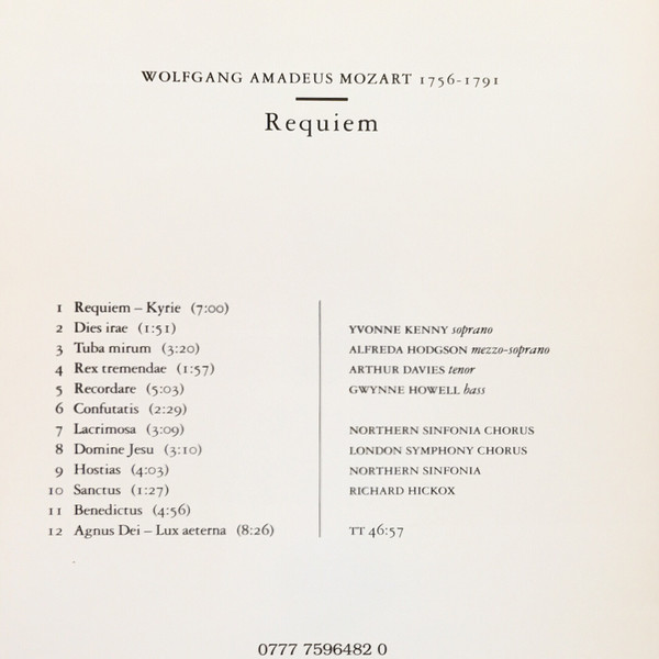 Wolfgang Amadeus Mozart, Yvonne Kenny, Alfreda Hodgson, Arthur Davies, Gwynne Howell, Northern Sinfonia, Richard Hickox - Requiem (CD, Album) (Near Mint (NM or M-)) - Image 2