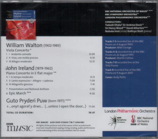 Sir William Walton, John Ireland, Guto Pryderi Puw, Nobuko Imai (viola), Kathryn Stott (piano), BBC National Orchestra Of Wales, BBC Symphony Orchestra, London Philharmonic Orchestra - Great Proms Premieres: Walton Viola Concerto; Ireland Piano Concerto; Guto Puw ... Onyt Agoraf Y Drws ... (CD, Comp) (Near Mint (NM or M-)) - Image 2