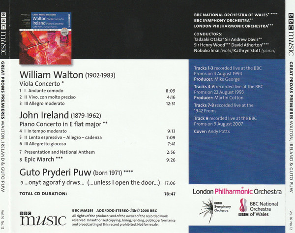 Sir William Walton, John Ireland, Guto Pryderi Puw, Nobuko Imai (viola), Kathryn Stott (piano), BBC National Orchestra Of Wales, BBC Symphony Orchestra, London Philharmonic Orchestra - Great Proms Premieres: Walton Viola Concerto; Ireland Piano Concerto; Guto Puw ... Onyt Agoraf Y Drws ... (CD, Comp) (Near Mint (NM or M-)) - Image 4