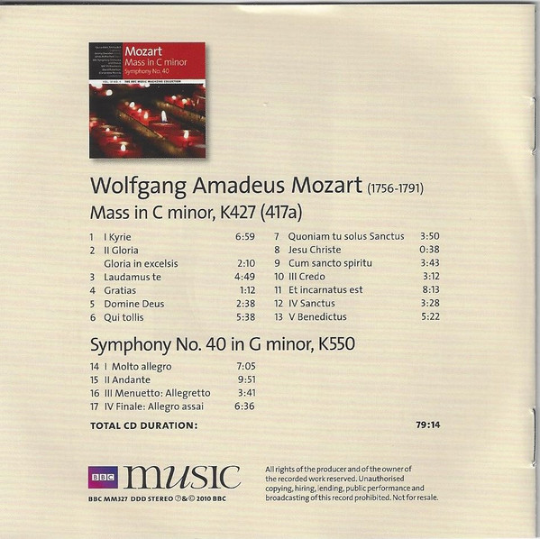 Wolfgang Amadeus Mozart - Mass In C Minor / Symphony No. 40 (CD, Comp) (Near Mint (NM or M-)) - Image 2