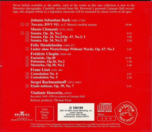 Vladimir Horowitz - The Private Collection, Vol. 1 (CD, Album, Mono, Club, RM) (Near Mint (NM or M-)) - Image 2