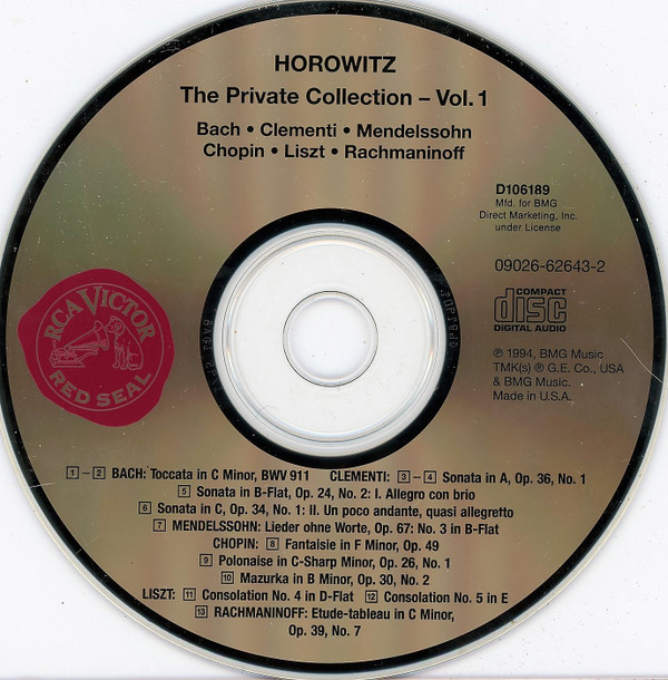 Vladimir Horowitz - The Private Collection, Vol. 1 (CD, Album, Mono, Club, RM) (Near Mint (NM or M-)) - Image 3