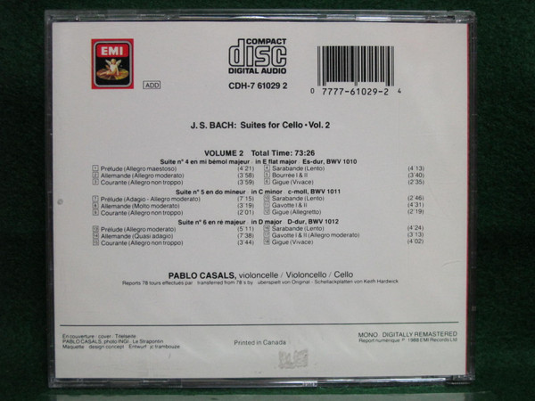 Johann Sebastian Bach / Pablo Casals - Suites For Cello - Volume 2 (CD, Comp, Mono, RM) (Near Mint (NM or M-)) - Image 3
