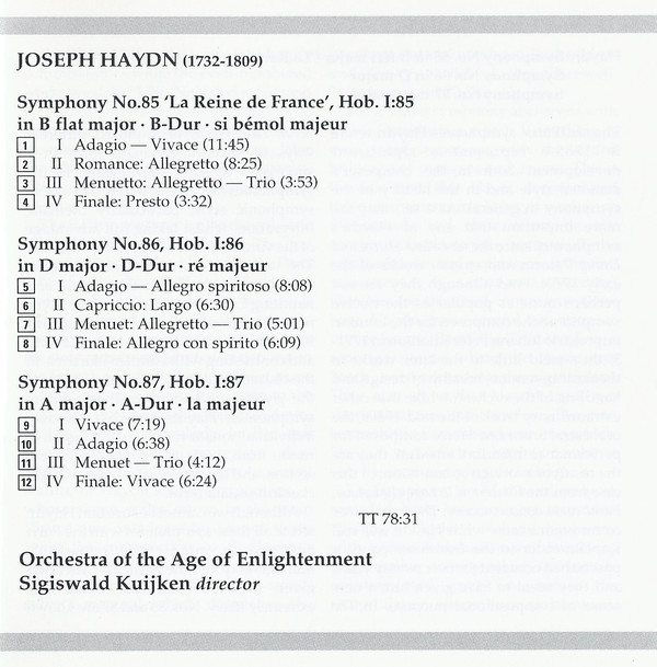 Joseph Haydn, Orchestra Of The Age Of Enlightenment, Sigiswald Kuijken - Symphonies No. 85 La Reine • No. 86 • No. 87 (CD) (Near Mint (NM or M-)) - Image 3