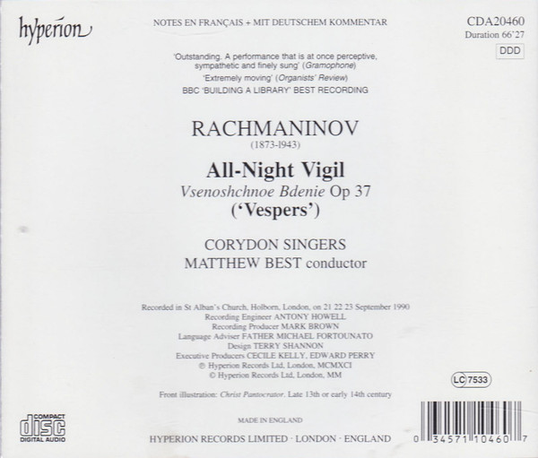 Sergei Vasilyevich Rachmaninoff / Corydon Singers, Matthew Best (2) - All-Night Vigil. Vsenoshchnoe Bdenie Op 37 ('Vespers') (CD, Album, Ltd, RE, RM, S/Edition, 20t) (Near Mint (NM or M-)) - Image 2