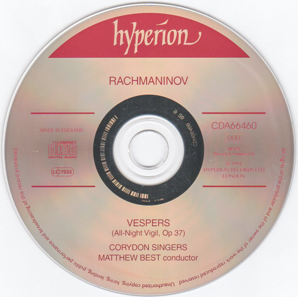 Sergei Vasilyevich Rachmaninoff / Corydon Singers, Matthew Best (2) - All-Night Vigil. Vsenoshchnoe Bdenie Op 37 ('Vespers') (CD, Album, Ltd, RE, RM, S/Edition, 20t) (Near Mint (NM or M-)) - Image 3