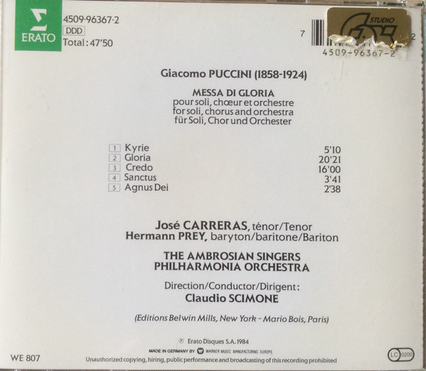 José Carreras, Hermann Prey, The Ambrosian Singers, Philharmonia Orchestra, Claudio Scimone, Giacomo Puccini - Messa Di Gloria (CD, Album, RP) (Near Mint (NM or M-)) - Image 3