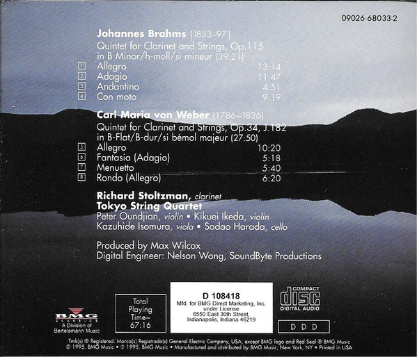 Johannes Brahms, Carl Maria von Weber, Richard Stoltzman, Tokyo String Quartet - Brahms - Weber Clarinet Quintets (CD, Album, Club, RE) (Near Mint (NM or M-)) - Image 2