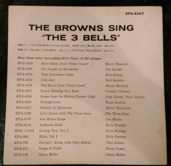 The Browns (3) - The Browns Sing The 3 Bells (The Jimmy Brown Song) (7", EP) (Near Mint (NM or M-)) - Image 2