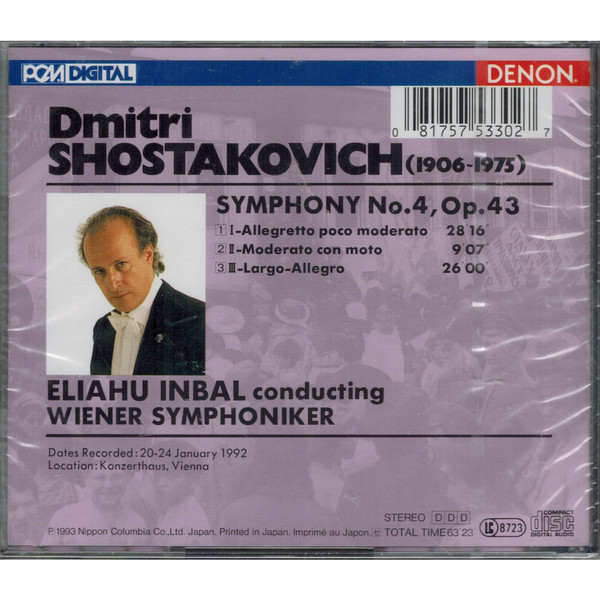 Dmitri Shostakovich - Eliahu Inbal, Wiener Symphoniker - Symphony No. 4 (CD, Album) (Near Mint (NM or M-)) - Image 2