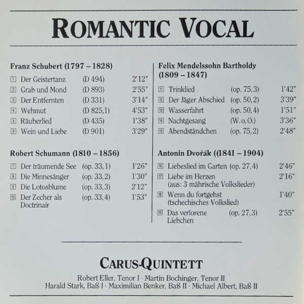 Franz Schubert, Robert Schumann, Felix Mendelssohn-Bartholdy, Antonín Dvořák - Carus-Quintett - Romantic Vocal (CD) (Near Mint (NM or M-)) - Image 2
