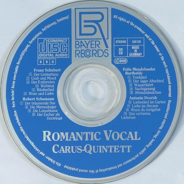 Franz Schubert, Robert Schumann, Felix Mendelssohn-Bartholdy, Antonín Dvořák - Carus-Quintett - Romantic Vocal (CD) (Near Mint (NM or M-)) - Image 5