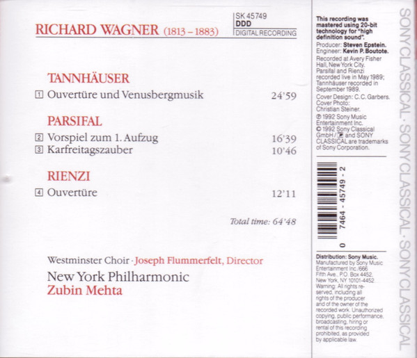 Richard Wagner, Zubin Mehta, New York Philharmonic, Westminster Symphonic Choir - Wagner: Orchestral Music (CD, Album, 20-) (Near Mint (NM or M-)) - Image 2