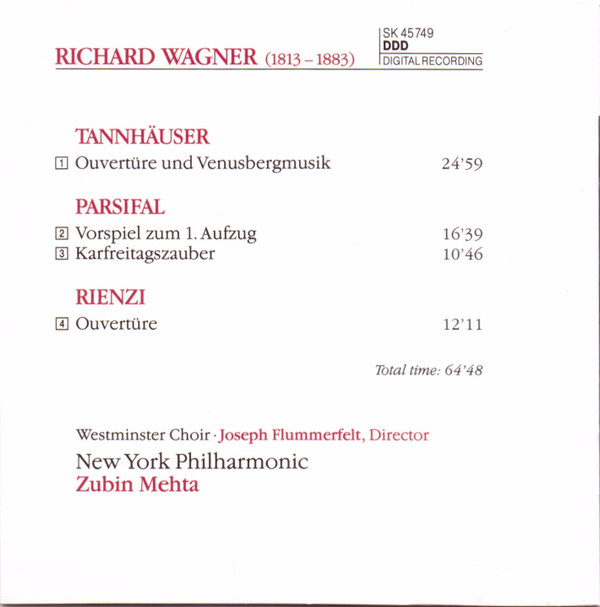 Richard Wagner, Zubin Mehta, New York Philharmonic, Westminster Symphonic Choir - Wagner: Orchestral Music (CD, Album, 20-) (Near Mint (NM or M-)) - Image 4