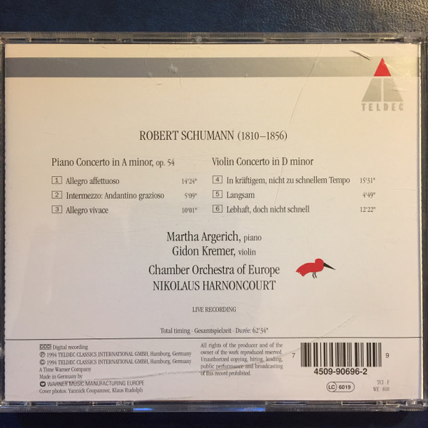 Robert Schumann, Martha Argerich, Gidon Kremer, Nikolaus Harnoncourt, The Chamber Orchestra Of Europe - Piano Concerto / Violin Concerto (CD, Album) (Near Mint (NM or M-)) - Image 3