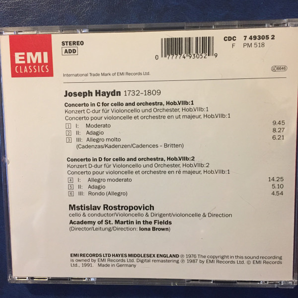 Joseph Haydn - Mstislav Rostropovich - The Academy Of St. Martin-in-the-Fields - Iona Brown - Cello Concerto In C Major / Cello Concerto In D Major, Op.101 (CD, Album, RM) (Near Mint (NM or M-)) - Image 3