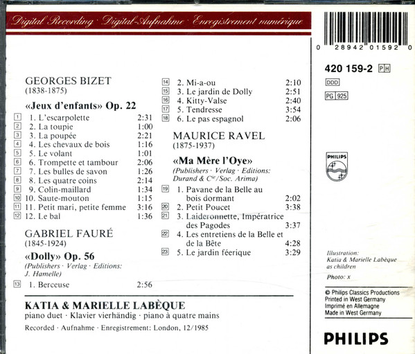 Georges Bizet / Maurice Ravel / Gabriel Fauré - Katia Et Marielle Labèque - Jeux D'Enfants / Ma Mère L'Oye / Dolly Suite (CD, Album) (Near Mint (NM or M-)) - Image 2