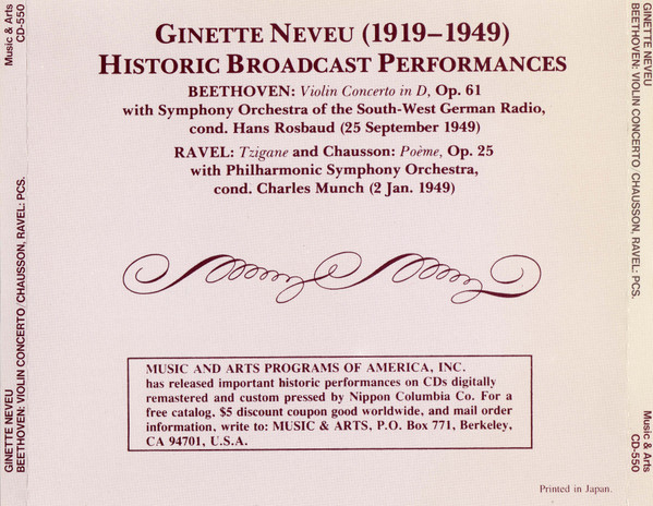 Ginette Neveu - Ludwig van Beethoven / Maurice Ravel / Ernest Chausson - Violin Concerto / Tzigane / Poème (CD, Mono) (Near Mint (NM or M-)) - Image 2