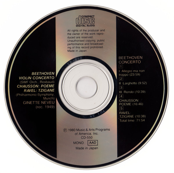 Ginette Neveu - Ludwig van Beethoven / Maurice Ravel / Ernest Chausson - Violin Concerto / Tzigane / Poème (CD, Mono) (Near Mint (NM or M-)) - Image 3