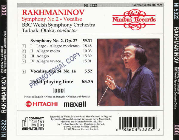 Sergei Vasilyevich Rachmaninoff, BBC Welsh Symphony Orchestra, Tadaaki Otaka - Symphony No. 2 - Vocalise (CD, Album, Amb) (Near Mint (NM or M-)) - Image 3